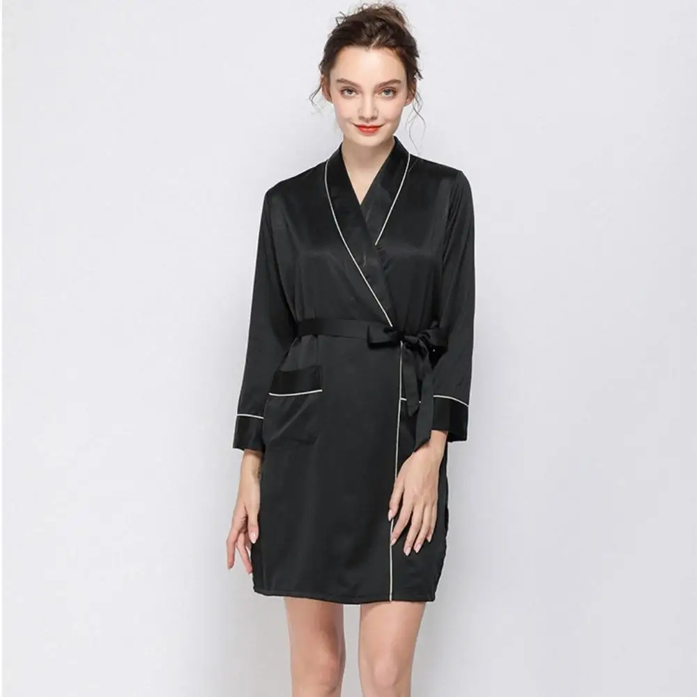 

Black Short Robe Bathrobe Long Sleeves High Quality Soft Silk Women Home Wear Night Gown Sleep Dressing NW87