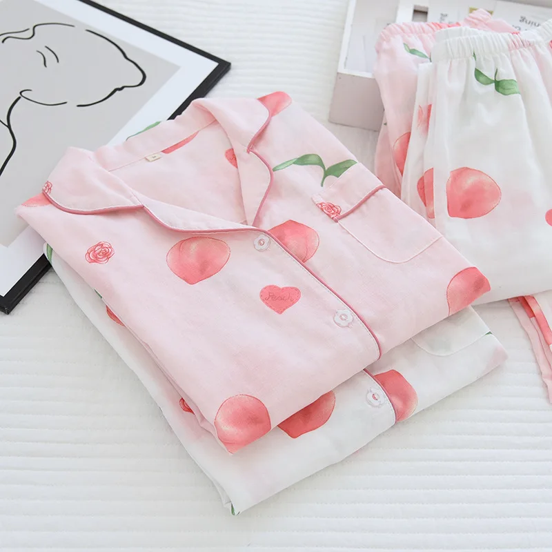 Spring/summer New Pajamas Set Women Pure Cotton Gauze Long Sleeve Peaches Pajamas Set for Ladies Soft Thin Comfortable Home Wear