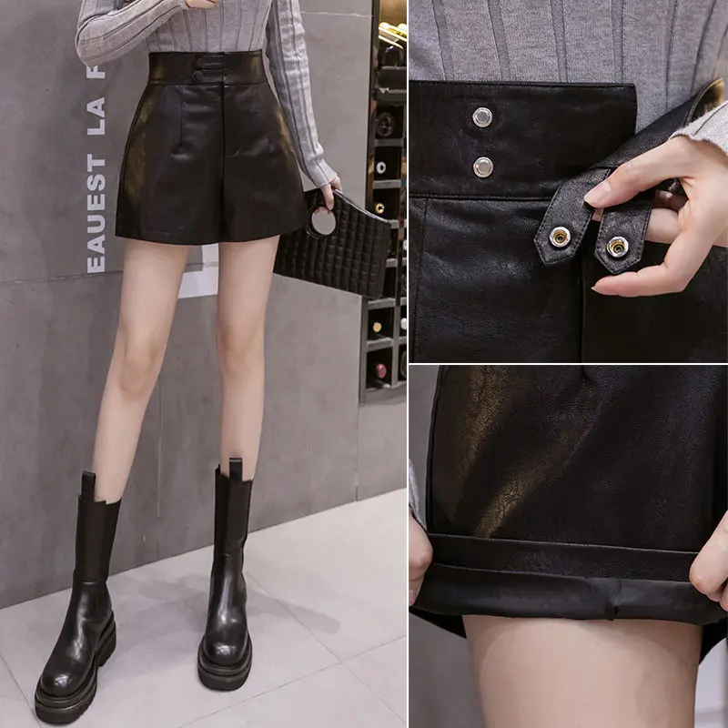 

Шорты женские из искусственной кожи, с высокой талией, черные, на пуговице, на осень/зиму, Y29