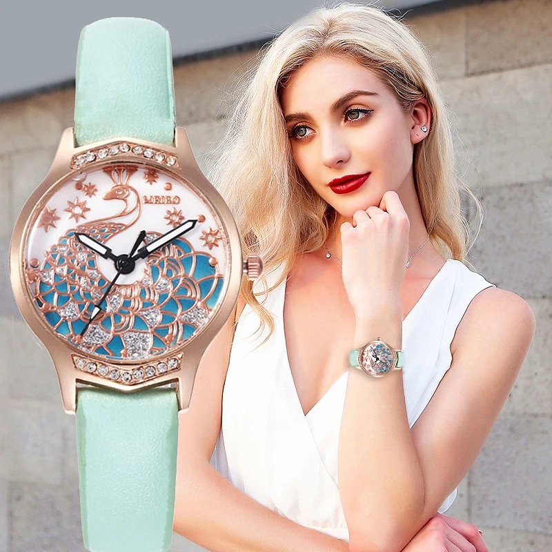 Изысканные женские часы кожа кварцевые креативный алмаз павлин узор