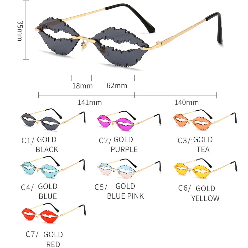 

New Fashion Rimless Sunglasses Women Sexy Lips Design Punk Sun Glasses Ladies Unique Vintage Blue Pink Eyewear Oculos de sol
