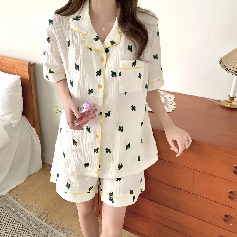 2021 Summer New Printed Pajamas Women's Cardigan Cotton Gauze Short Sleeve Home Suit Female Sleepwear Lady Nightwear Lounge Wear