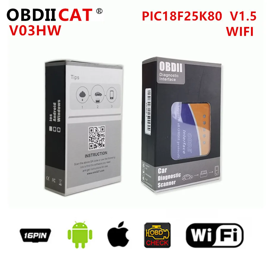 

OBDIICAT ELM 327 Scan V03HW V03HW-1 V1.5 WIFI PIC18F25K80 OBD2 OBDII Code Reader WIFI Super Mini ELM327 For Android / IOS