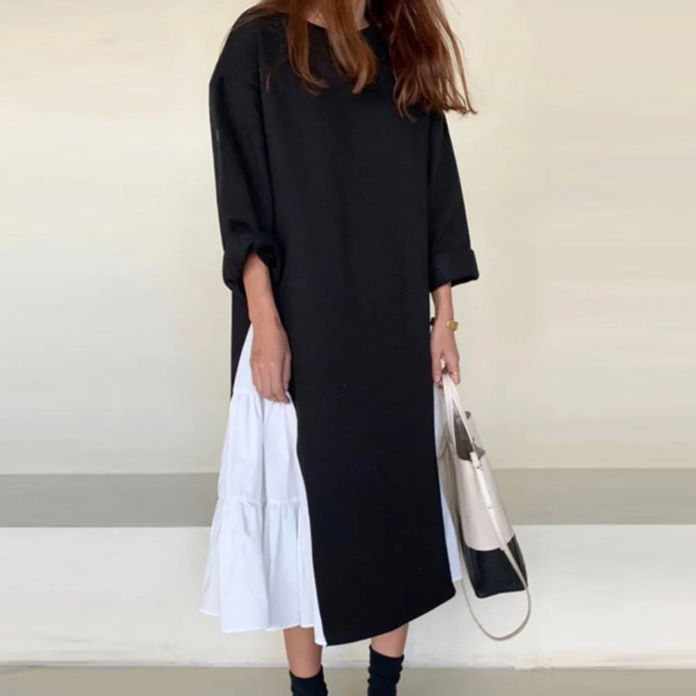 Весеннее платье с длинным рукавом Женский пуловер черно белые лоскутные