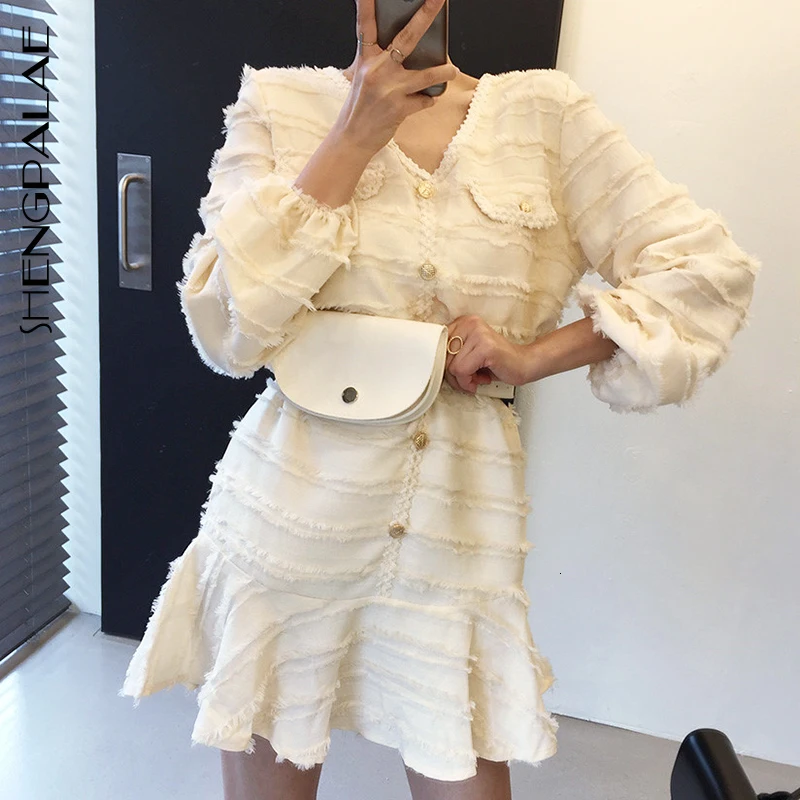 SHENGPALAE 2020 новое весеннее поступление v образный ворот оборки Vestidos женское платье с