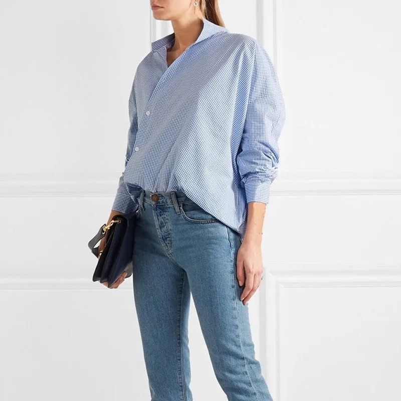 

Женская Асимметричная рубашка в клетку и полоску, Женская офисная одежда, блузка с длинным рукавом, Женская однобортная одежда, Топ