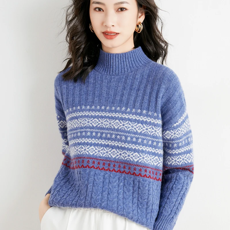 

Half-high collar thick striped sweater women's fall/winter 2021 new contrast color loose pullover knit bottoming shirt