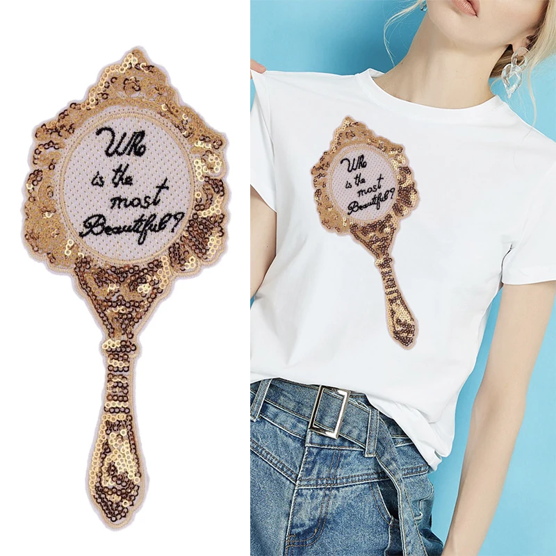 

2Pcs fashionEmbroiderysequin patchesClothing DIY decorationEnglish mirror patchNeed to sew by hand AppliqueSewing accessories