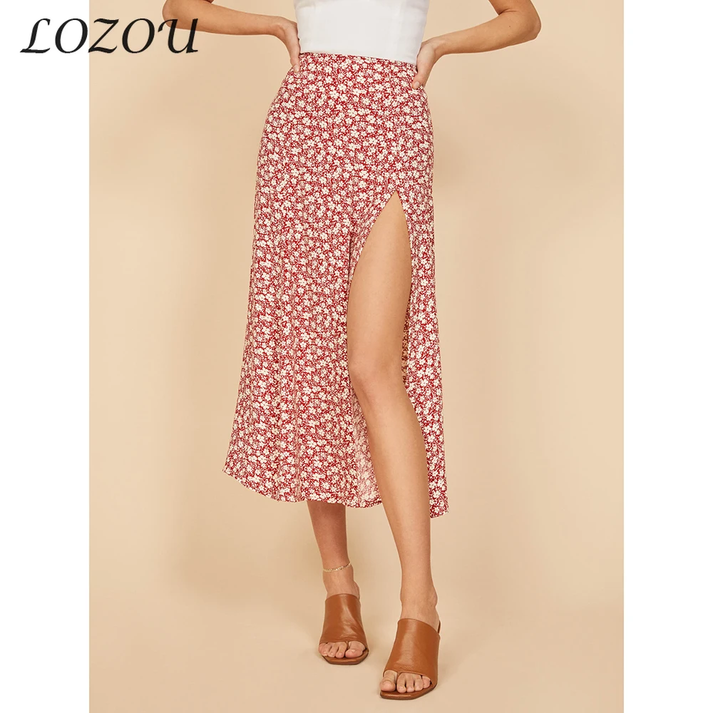 

Women Summer Sexy Leopard Print High Waist Floral Skirts Tight Beach Casual Slit Flower Clothes Stretch Split Long A-Line Skirt