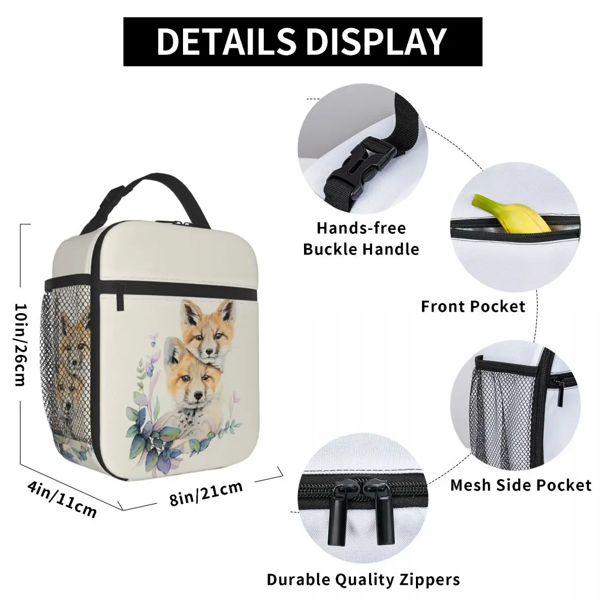 

Watercolor Fox Lunch Bag for Women Men Large Insulated Lunch Box with Water Bottle Holder and Pockets