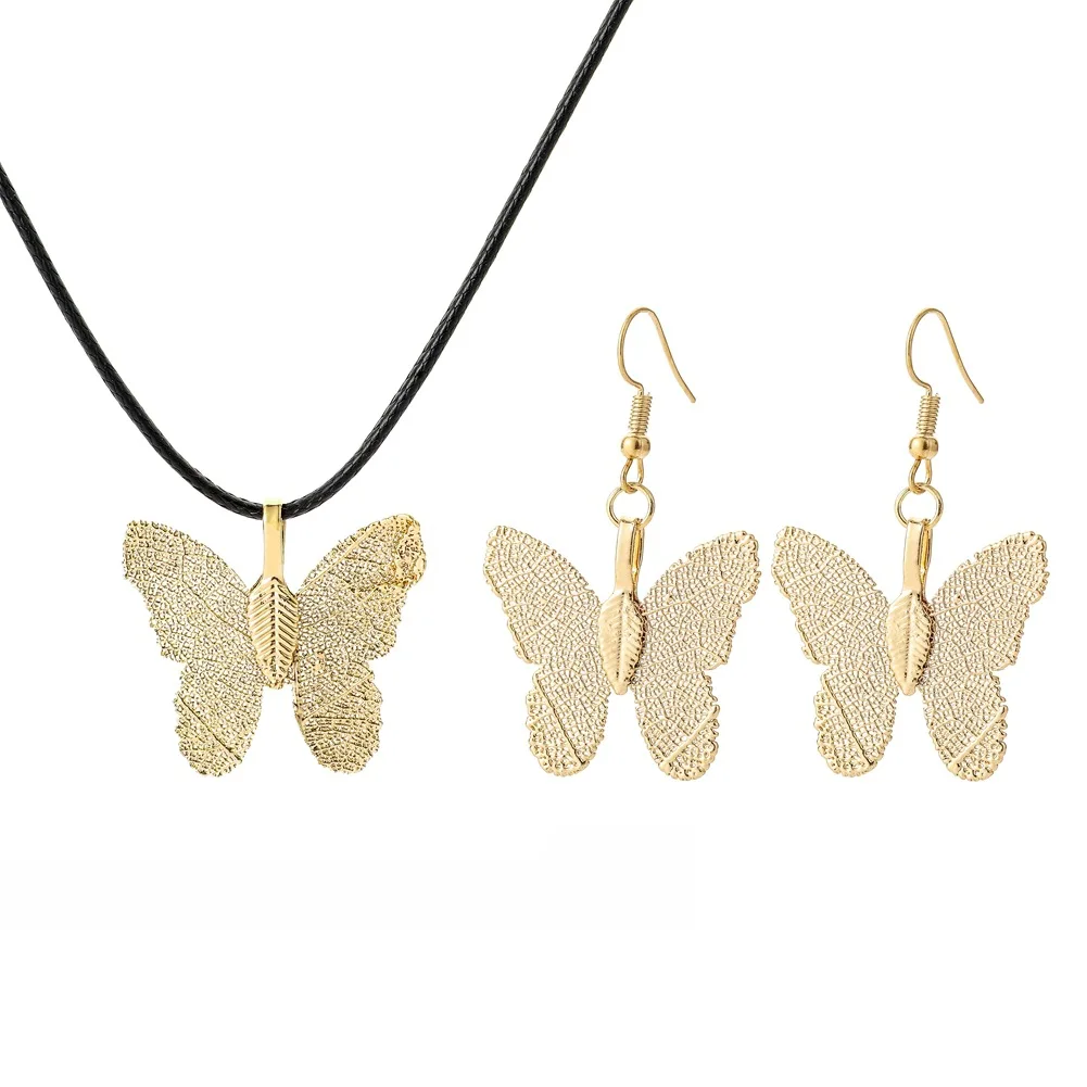 

Fashion Painted Butterfly Earring And Necklace For Women Creative True Natural Leaf Ear Hook Pendant Of Necklace Female Jewelry