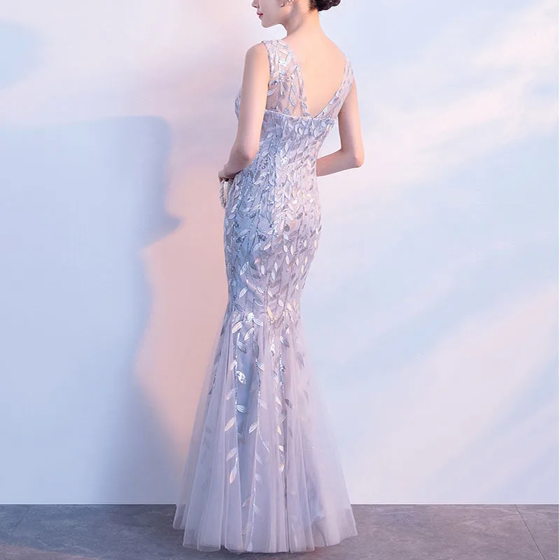 

Mermaid Dress Women Sequins Long Qipao O-Neck Cheongsam Bride Wedding cheongsam modern Evening Party Lace Hollow Out Gown