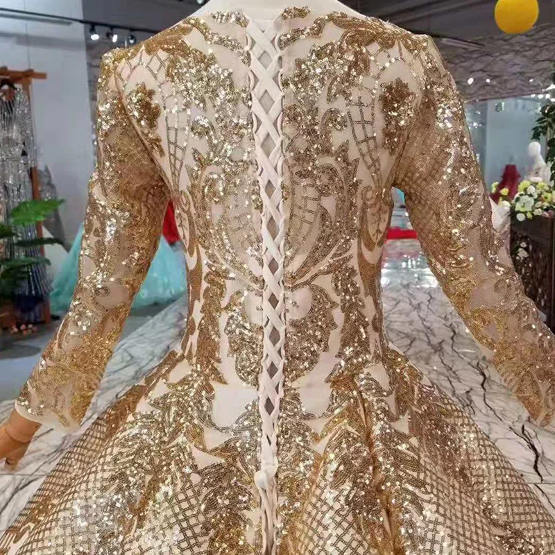 LSS286 luxury dubai dresses women occasion o-neck long sleeve muslim ball sparkly party dress curve shape evening dresses golden
