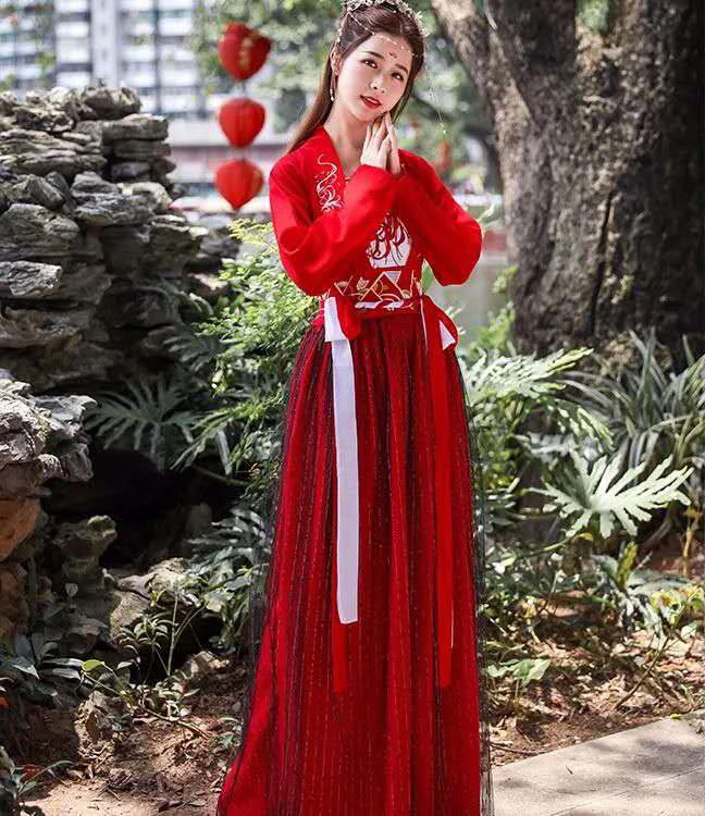 

Women/Ladies Elegant Red Hanfu Clothes Traditional Chinese Ancient Costumes Folk Dance Skirt Girls Red Chinese Dress
