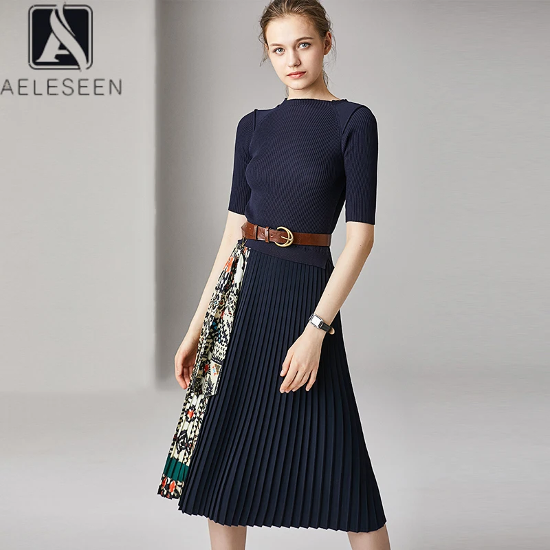 Женское плиссированное платье AELESEEN трикотажное средней длины с длинным рукавом