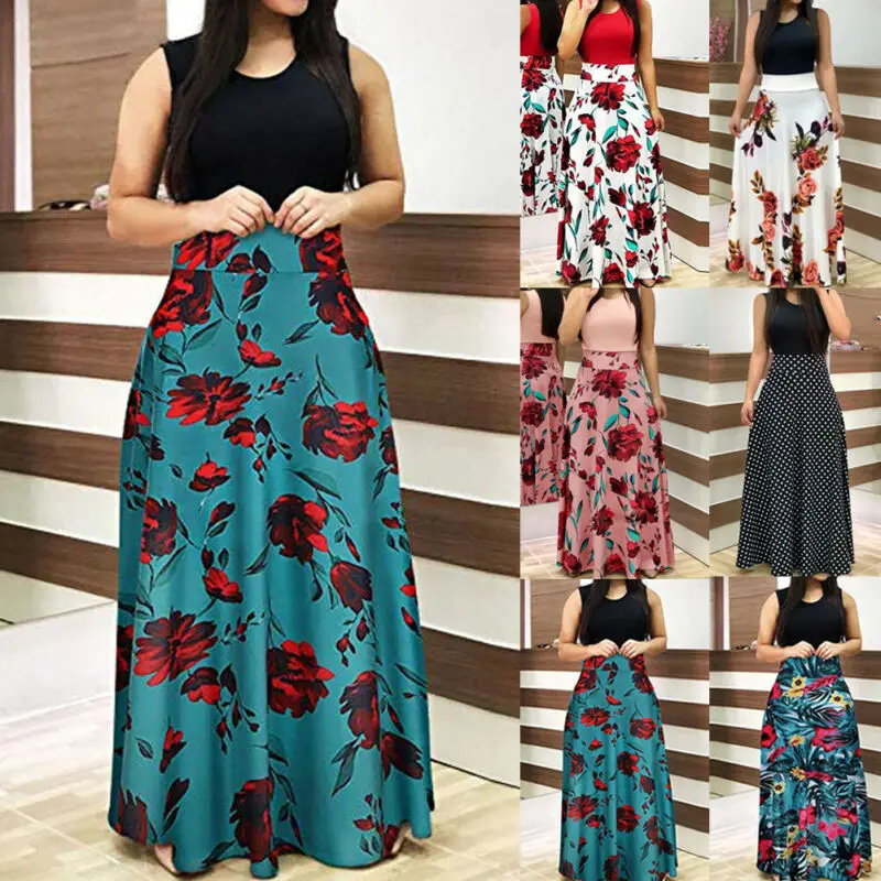 Модные женские Цветочные Длинные Макси платья без рукавов выпускного вечера