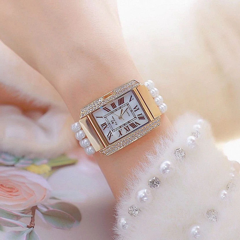 

Rectangle Dial Diamond Women Watche Gold rose Quartz Watches Luxury Roman numeral Ladies Female Clock pearl Hand catenary Watch