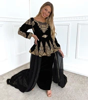 classt black karakou algerian evening dress with gold lace elegant long sleeve beaded muslim prom dress luxury vestido de fiest
