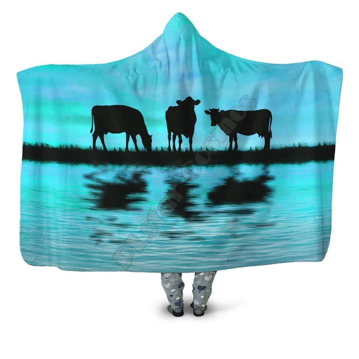 

Sunset and Cow Blue Backgroud Hooded Blanket Adult colorful child Sherpa Fleece Wearable Blanket Microfiber Bedding Style-14