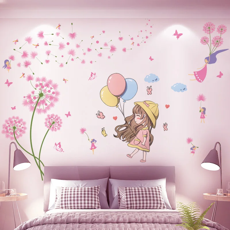 

[shijuekongjian] Girl Balloons Wall Stickers DIY Dandelions Flowers Mural Decals for Kids Rooms Baby Bedroom House Decoration