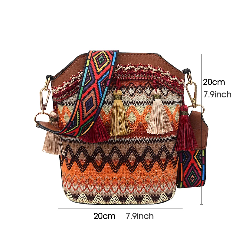 

Women Crossbody Bags Handmade Woven Summer Bohemia Ethnic Style Fashion Retro Shoulder Bag Small Bucket Bags for Teenager Girl