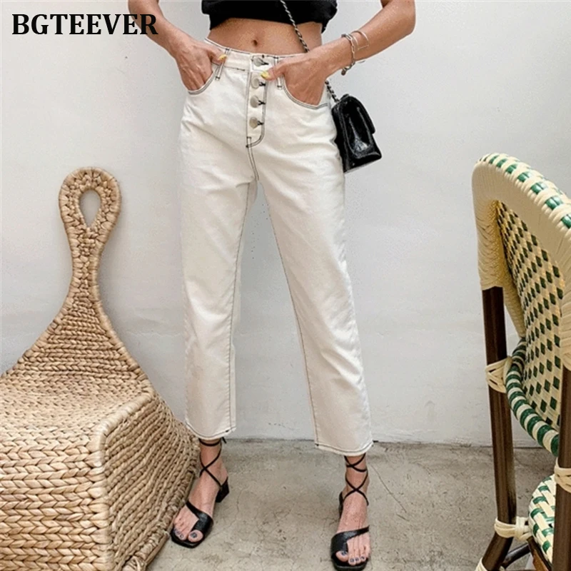 Белые однобортные джинсы 2020 женские прямые со средней талией для женщин