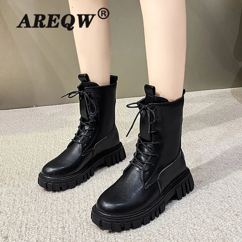 Женские мотоциклетные ботинки с круглым носком на шнуровке|Женские полусапожки|