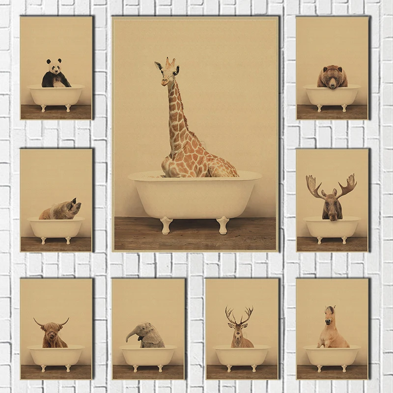 Плакат из крафт бумаги с милыми животными для купания украшение дома комнатное