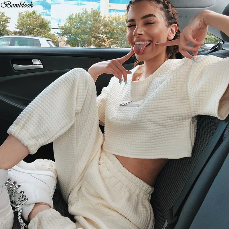 

Bomblook Spring Solid Color Casual Crop Top Two Piece Set Women,Slim Fit Soft Comfortable Outfits Workout Sets Hot Trend Women's