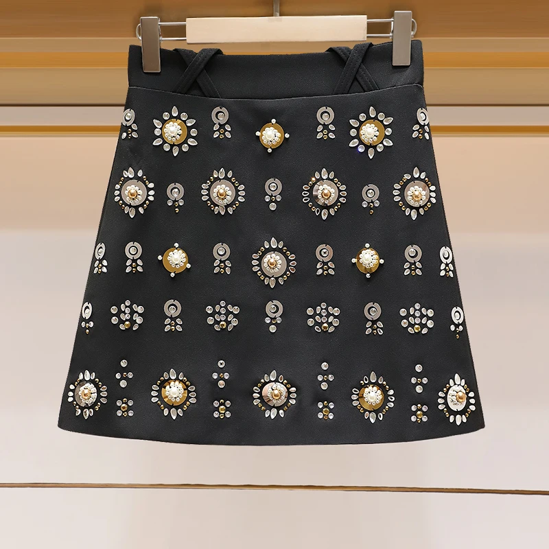 

High Fashion Beaded Sequines and Crystals Bust Skrit Women Chic Mini Skirt Exquisite Floral Beading Skirt