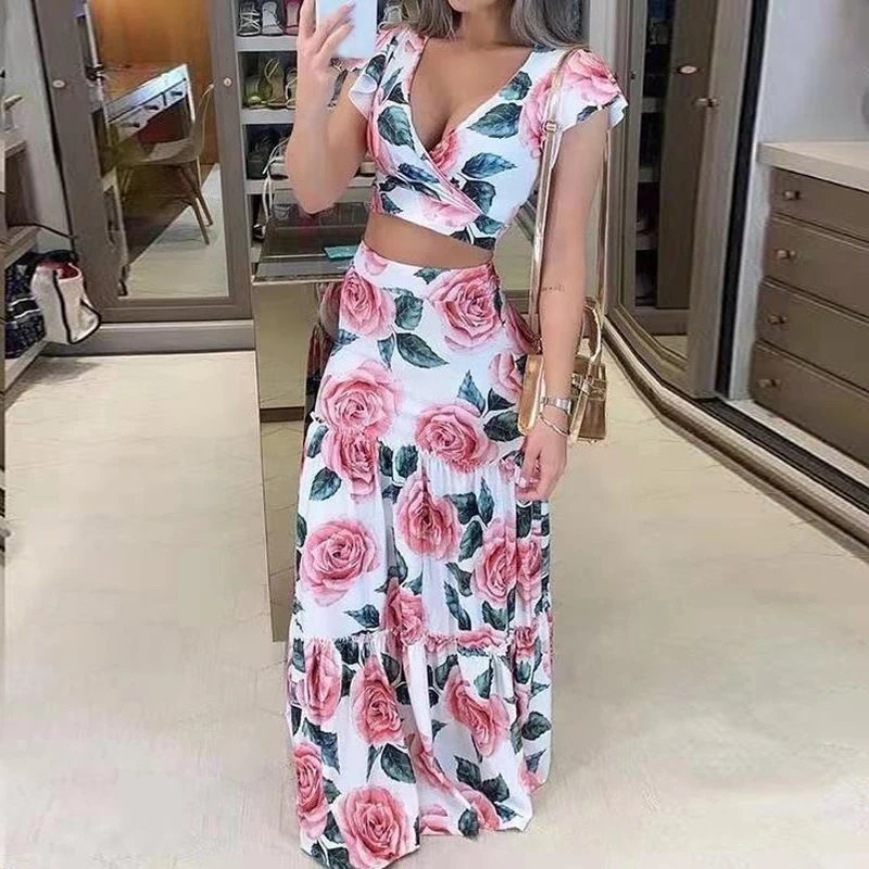 

Summer Women Floral Print V Neck Short Sleeve Top & Long Skirt Elelgant 2piece Set Skirt Set