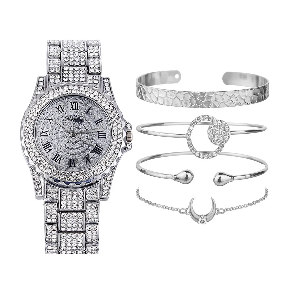 

Hip hop fashion luxury full diamond Roman style timing quartz watch + Bracelet Set---5pcs/set