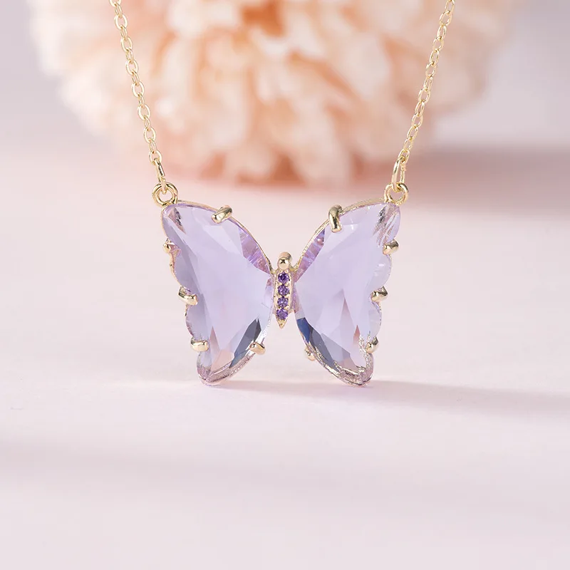 

Trendy Colorful Butterfly Necklaces For Women Crystal Butterfly Pendant O Chain Necklace Korean Style Fashion Party Jewelry