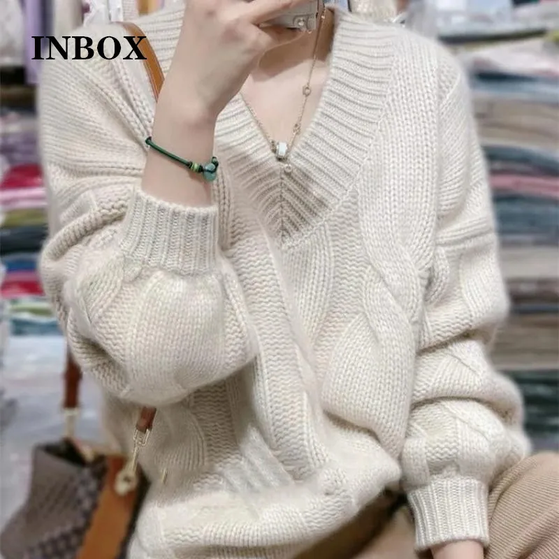 

INBOX Korean Fashion Twist Sweater V-Neck Casual Thick Pullovers Ladies Knitted Clothes Female White Knitwear Warm Jumper Women