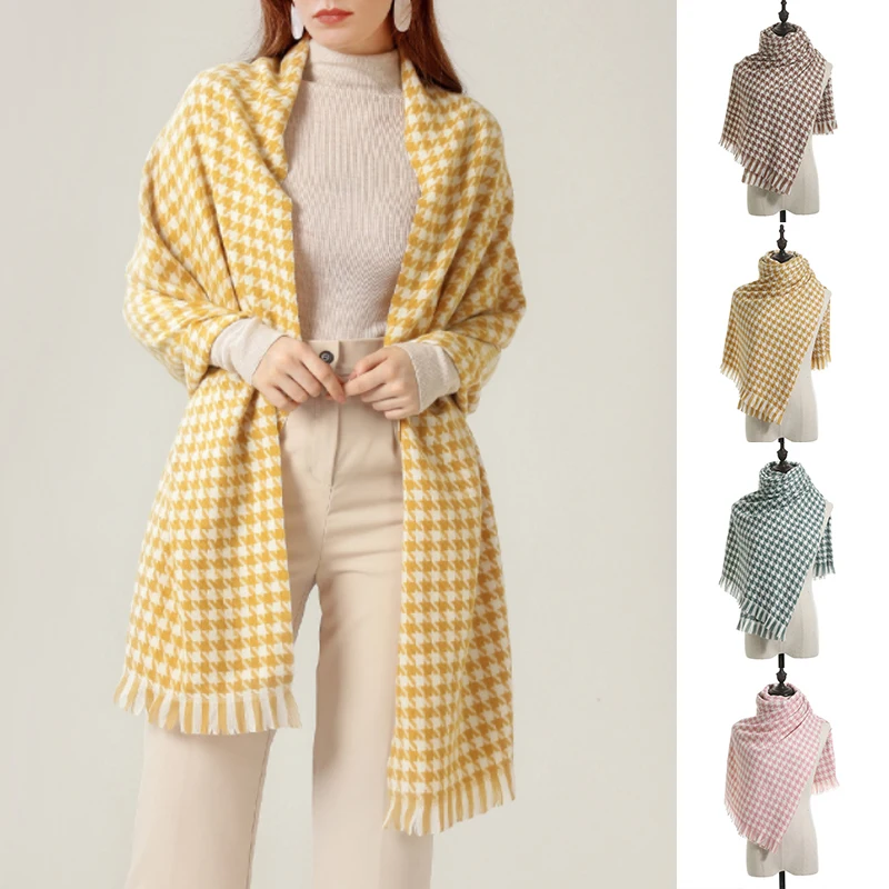 

Winter Women Classic Houndstooth Scarves Vintage Soft Warm Black White Plaid Scarves Lady Imitation Cashmere Fringed Scarf Shawl