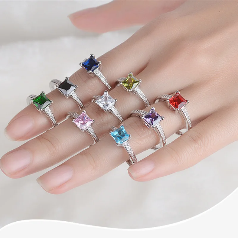 

Fashion 925 Sterling Zircon Square Finger Ring Classic Jewelry For Women Girls Wedding Christmas jz056