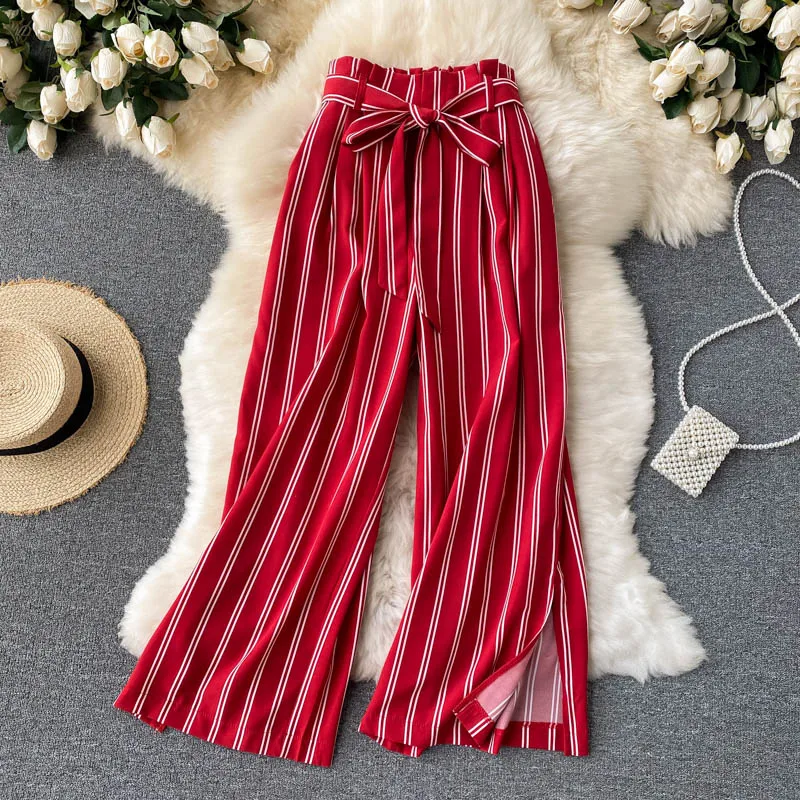 

VANOVICH New 2021 Summer Women's Casual Pants Wild Fashion Stripe Ladies Pants Split Wide Leg Pants Female