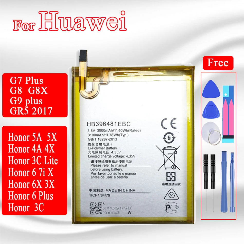 Аккумулятор HB396481EBC для Huawei Honor 5X/5A/4A/ 3C Lite /4X/6/7i/6X /2 3/3X/3C G7 Plus G8 /G8X GR5 2017 Mate 9 G9