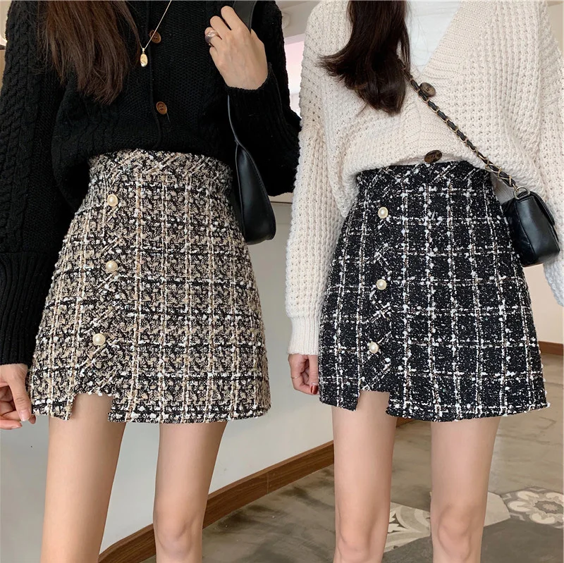 

Small Fragrant wind short Skirt Women New style plaid woolen A-line Skirt Lady style Skirt thinner buttocks sexy Skirt Female