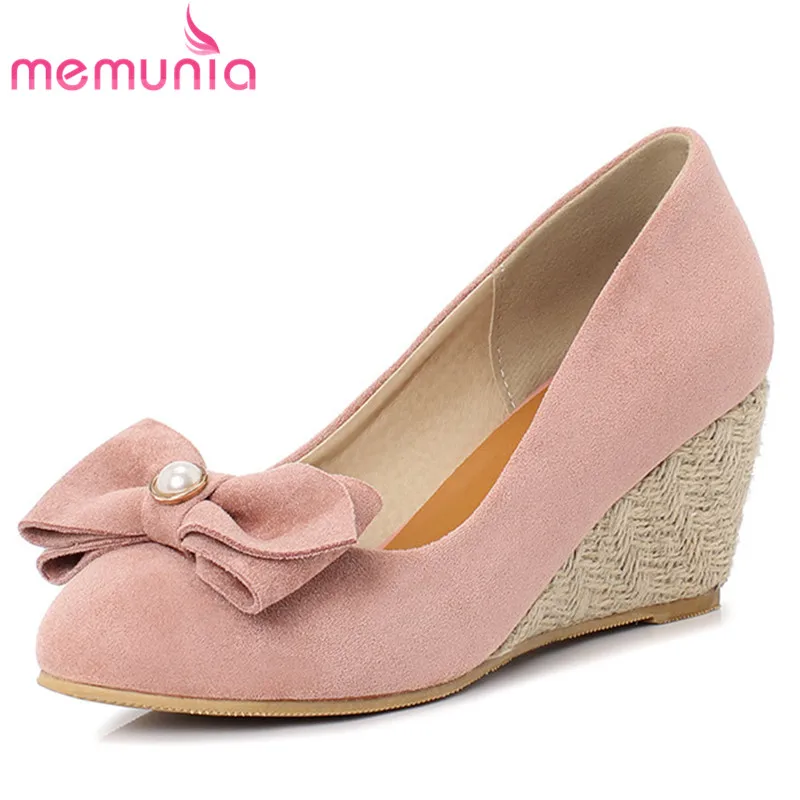 

MEMUNIA 2020 new arrive 6.5cm wedges shoes ladies spring summer dress party shoes bowknot round toe comfortable women pumps