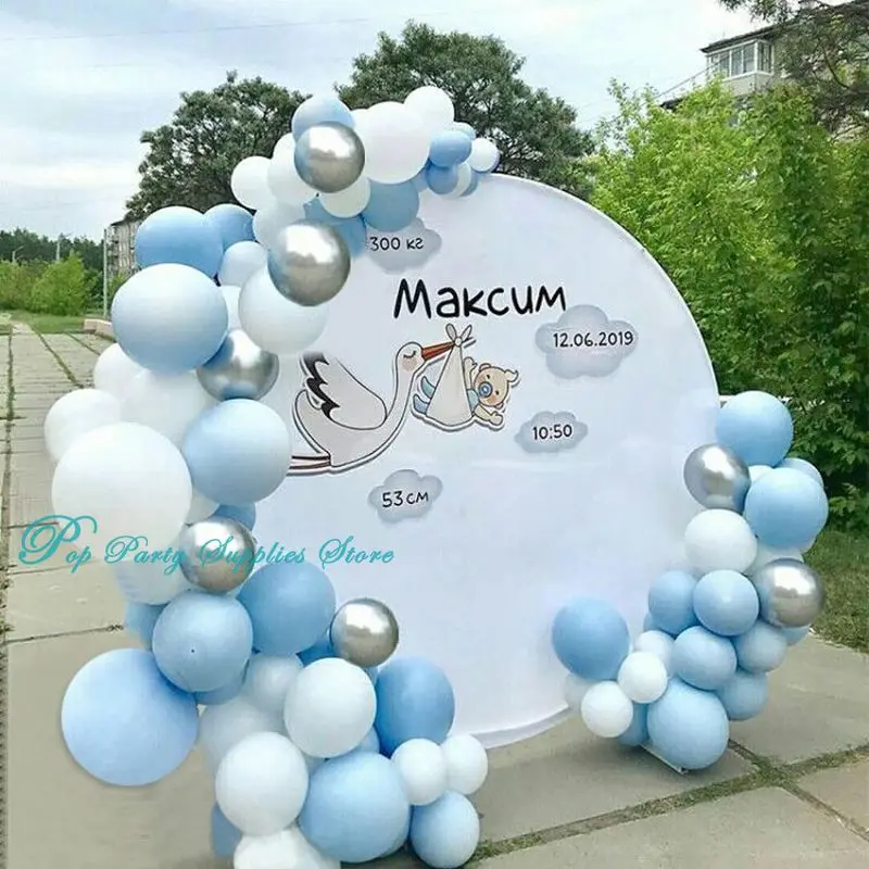 DIY шар гирлянда арочный комплект сине белые макарон металлические серебристые