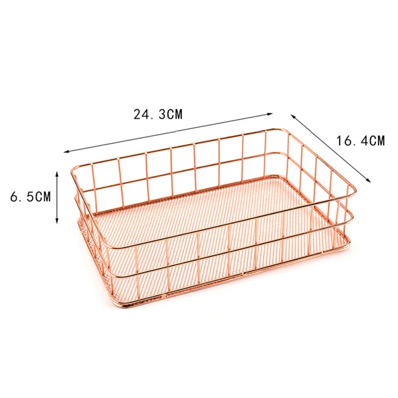 Rectangular Metal Storage Basket, Pink Gold Iron Storage Basket, Home Garden Office Basket, Finishing Iron Baskets Fruit Basket