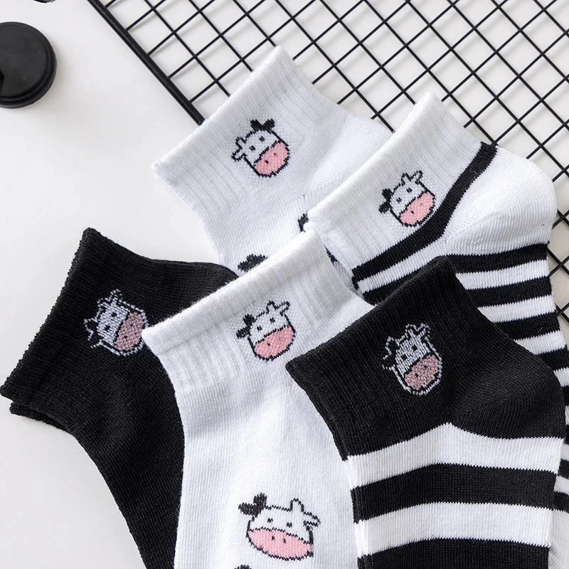 

10 Pairs Cow Print Women Socks Set Summer Short Embroidery Cute Breathable Ankle Socks Asakuchi Calcetines De La Mujer Socken