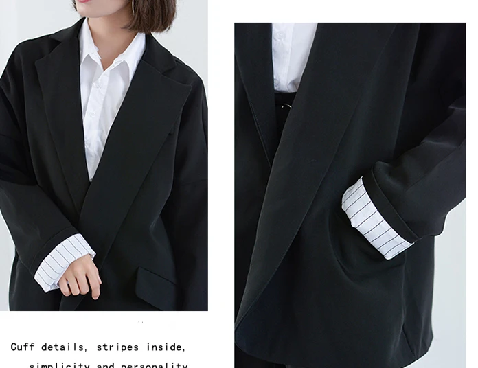 

Black Women Blazers 2020 Autumn Single Button Long Sleeve Pockets Woman Coats Ins Loose Notched Tops Outerwear C08603K