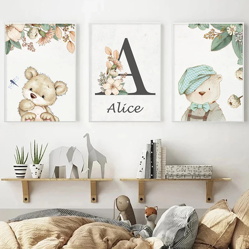 Персонализированный постер с именем Картина на холсте панда медведь кролик