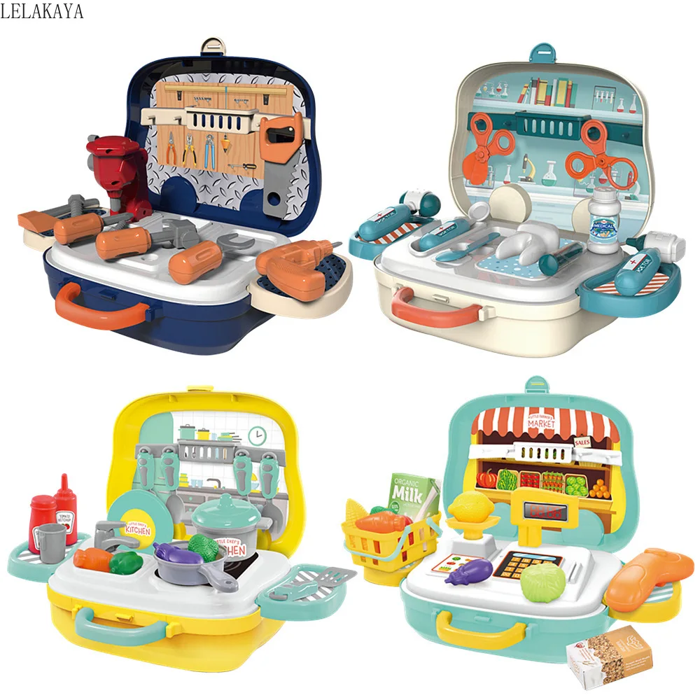 

Pretend Play Kids Beauty Fashion Toys Simulation Plastic Kitchen Cooking Tableware Make Up Tools Set Doctor Supermarket Suitcase