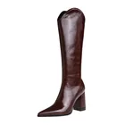 Женские высокие сапоги до бедра на высоком каблуке черные и бордовые привлекательные сапоги до колена с острым носком и V-образным вырезом сапоги на высоком каблуке