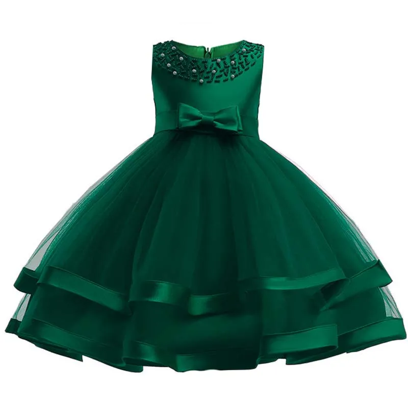 Dark green Детская одежда из бисера, в сеточку, с цветочным рисунком, платья для девочек для Одежда для свадьбы, платье для Первого Причастия платье принцессы Пышная юбка для малышки костюм L5017 - Цвет: Dark green