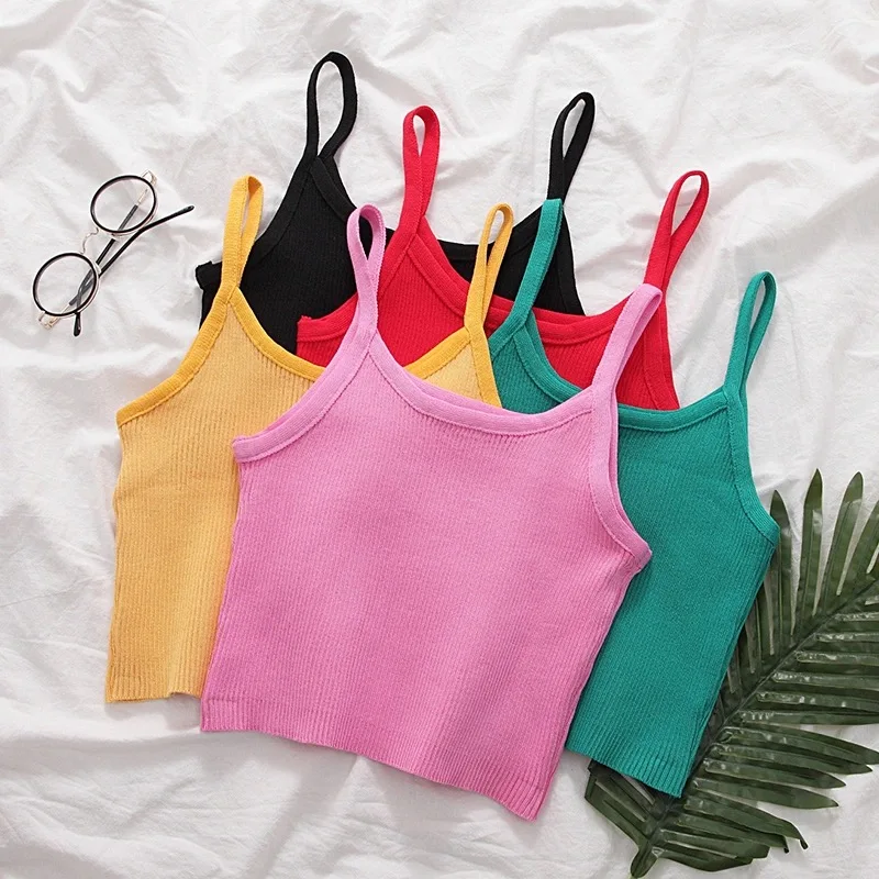 

Fashionable women's Korean style wooden ear knitted camisole with short high-waist tops inside and outside