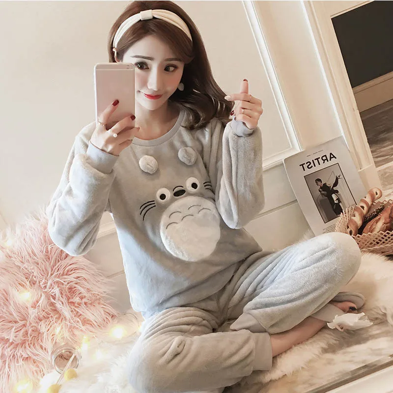 gray totoro Зимняя женская теплая Повседневная Пижама, пижама Mujer, Фланелевая пижама с длинным рукавом, комплект для женщин, пижама с капюшоном, женская одежда, костюм - Цвет: gray totoro